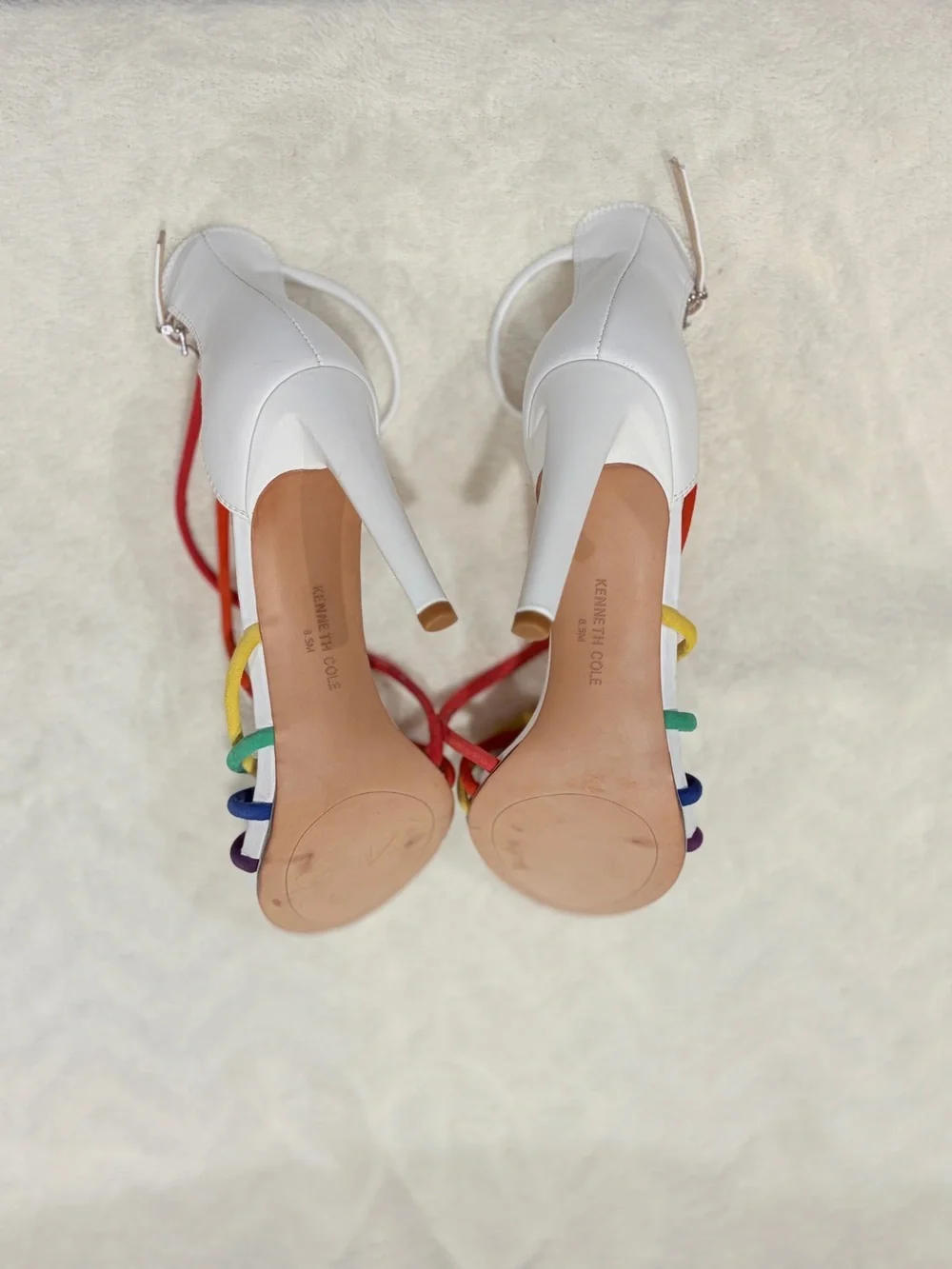 Kenneth Cole NY Barletta White Stiletto‎ Sandals with Rainbow Straps - 8.5